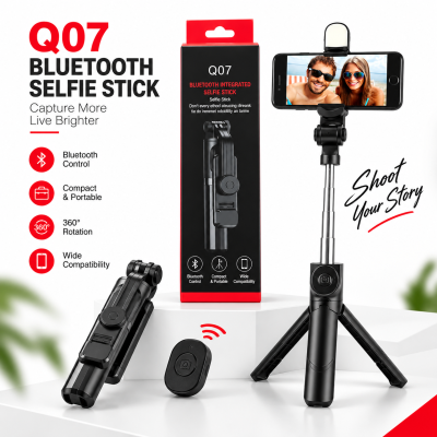 Q07 Foldable Mini Tripod & Bluetooth Selfie Stick – Extendable Portable Stand with LED Light & Wireless Remote Shutter for All Smartphones